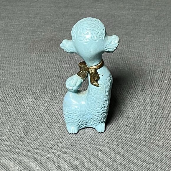 Vintage Blue Ceramic Sitting Poodle w/Gold Bow Collar MCM-Anthropomorphic-Kitch - Picture 5 of 11